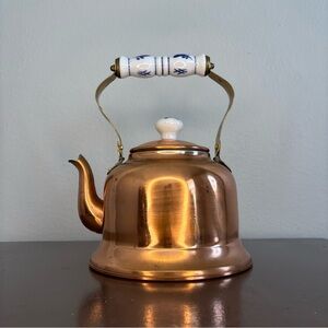 VTG Taiwan Sanyei Tea Kettle Copper White Blue Ceramic Kitchen Farmhouse